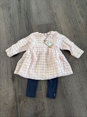 Jean Bourget Pink Windowpane Dress with Navy Leggings